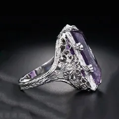 Princess Style Indented Hollow Out Rectangle Purple Quartz Ring Fashionable Geometric Alloy Women's Ring Elegant Finger Accessory 4