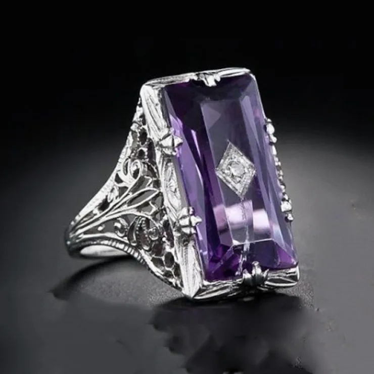 Princess Style Indented Hollow Out Rectangle Purple Quartz Ring Fashionable Geometric Alloy Women's Ring Elegant Finger Accessory 5