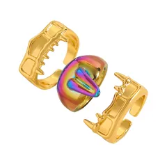 Punk Style Dyed Black Open Rings For Women, 3 Pieces Set, Copper Material With KC Golden Plated Finish 5