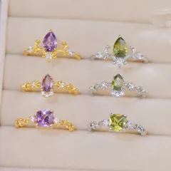 R316 Flower Branch Design Water Drop Zircon Olive Green Purple Suit Awn Star Shape Open Ring Fashionable Ring