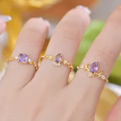R316 Flower Branch Design Water Drop Zircon Olive Green Purple Suit Awn Star Shape Open Ring Fashionable Ring 2