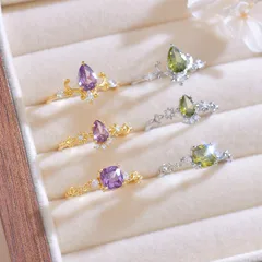 R316 Flower Branch Design Water Drop Zircon Olive Green Purple Suit Awn Star Shape Open Ring Fashionable Ring 4