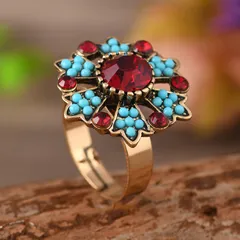 Retro Crystal Diamond Embedded Ring Punk Flower Creative Geometric Rectangle Ring Adjustable Size Alloy Summer Autumn Fashion