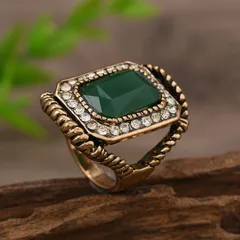 Retro Crystal Diamond Embedded Ring Punk Flower Creative Geometric Rectangle Ring Adjustable Size Alloy Summer Autumn Fashion 2