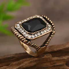 Retro Crystal Diamond Embedded Ring Punk Flower Creative Geometric Rectangle Ring Adjustable Size Alloy Summer Autumn Fashion 3