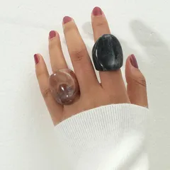 Retro Geometric Acrylic Rings For Unisex Featuring Dyed Black Color And Artificial Gemstone Inlay, 2 Pieces