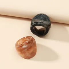 Retro Geometric Acrylic Rings For Unisex Featuring Dyed Black Color And Artificial Gemstone Inlay, 2 Pieces 2