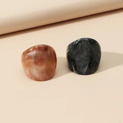 Retro Geometric Acrylic Rings For Unisex Featuring Dyed Black Color And Artificial Gemstone Inlay, 2 Pieces 3