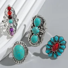 Set Of 4 Geometric Open Rings For Women In Silver Alloy With Turquoise Inlay