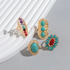 Set Of 4 Geometric Open Rings For Women In Silver Alloy With Turquoise Inlay 2
