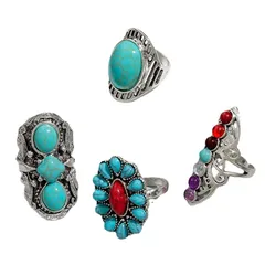 Set Of 4 Geometric Open Rings For Women In Silver Alloy With Turquoise Inlay 3