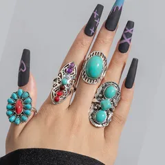 Set Of 4 Geometric Open Rings For Women In Silver Alloy With Turquoise Inlay 4