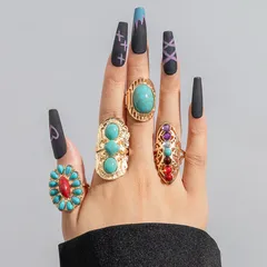 Set Of 4 Geometric Open Rings For Women In Silver Alloy With Turquoise Inlay 5