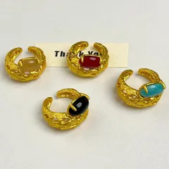 Retro Geometric Open Ring For Women In Zinc Alloy With Amber Inlay Featuring Electroplated Finish 4