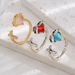 Retro Heart Natural Stone Cross Ring For Women Simple Design Trendy Geometric Pattern Zinc Alloy Finger Ring Fashion Accessory