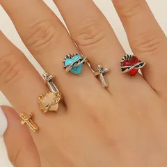 Retro Heart Natural Stone Cross Ring For Women Simple Design Trendy Geometric Pattern Zinc Alloy Finger Ring Fashion Accessory 2