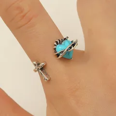 Retro Heart Natural Stone Cross Ring For Women Simple Design Trendy Geometric Pattern Zinc Alloy Finger Ring Fashion Accessory 3