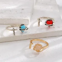 Retro Heart Natural Stone Cross Ring For Women Simple Design Trendy Geometric Pattern Zinc Alloy Finger Ring Fashion Accessory 4
