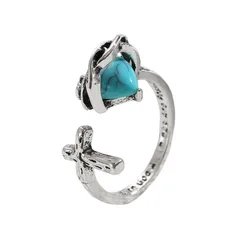 Retro Heart Natural Stone Cross Ring For Women Simple Design Trendy Geometric Pattern Zinc Alloy Finger Ring Fashion Accessory 5