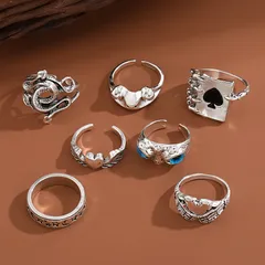 7 Pieces Retro Heart Shape Rings For Women, Metal Material With Electroplated Finish 3