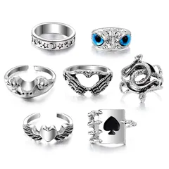 7 Pieces Retro Heart Shape Rings For Women, Metal Material With Electroplated Finish 5