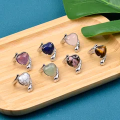 Retro Novelty Heart Shape Snake Alloy Inlay Natural Stone Unisex Open Rings 2