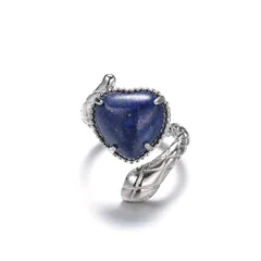 Retro Novelty Heart Shape Snake Alloy Inlay Natural Stone Unisex Open Rings 3
