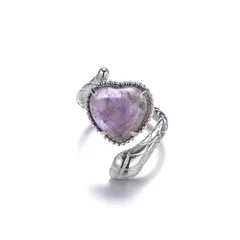 Retro Novelty Heart Shape Snake Alloy Inlay Natural Stone Unisex Open Rings 4