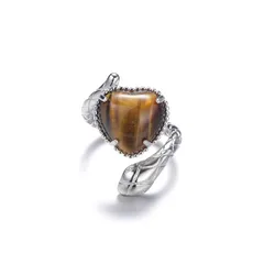 Retro Novelty Heart Shape Snake Alloy Inlay Natural Stone Unisex Open Rings 5