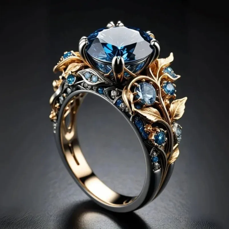 Retro Round Gold Alloy Ring For Women Featuring September Birthstone Sapphire 3