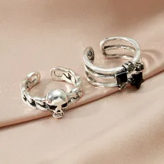 Retro Vintage Skull Head Geometric Open Ring Set 2 Pieces New Dongdaemun Simple Fashion Alloy Jewelry Accessories 3