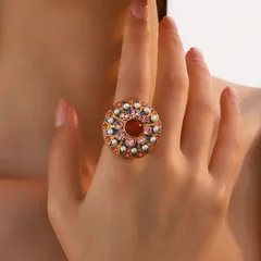 Roman Style Flowers Ring For Women With KC Golden Plated 0.03µm-0.05µm Thickness And Rhinestones, 1 PCS/Package