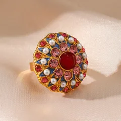 Roman Style Flowers Ring For Women With KC Golden Plated 0.03µm-0.05µm Thickness And Rhinestones, 1 PCS/Package 2