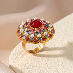 Roman Style Flowers Ring For Women With KC Golden Plated 0.03µm-0.05µm Thickness And Rhinestones, 1 PCS/Package 3