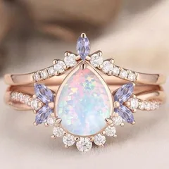 Rose Gold Bow Tie Rings For Women, 1 Pair Featuring October Birthstone Opal, Alloy Material With Electroplated Finish