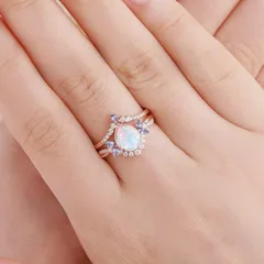 Rose Gold Bow Tie Rings For Women, 1 Pair Featuring October Birthstone Opal, Alloy Material With Electroplated Finish 2