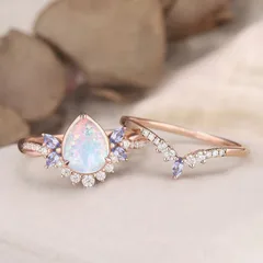 Rose Gold Bow Tie Rings For Women, 1 Pair Featuring October Birthstone Opal, Alloy Material With Electroplated Finish 4