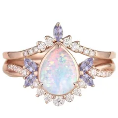 Rose Gold Bow Tie Rings For Women, 1 Pair Featuring October Birthstone Opal, Alloy Material With Electroplated Finish 5
