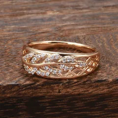 Rose Gold Woven Diamond Ring Women's Luxury Style Fashion Jewelry Accessories Handmade Crafted Leaf Pattern Plated Copper 2