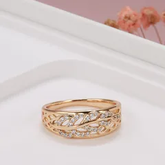 Rose Gold Woven Diamond Ring Women's Luxury Style Fashion Jewelry Accessories Handmade Crafted Leaf Pattern Plated Copper 3