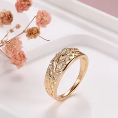 Rose Gold Woven Diamond Ring Women's Luxury Style Fashion Jewelry Accessories Handmade Crafted Leaf Pattern Plated Copper 5