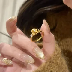 Rose Pattern Brushed Copper Ring For Women With Electroplated Gold Plating And Rhinestone Inlay 4