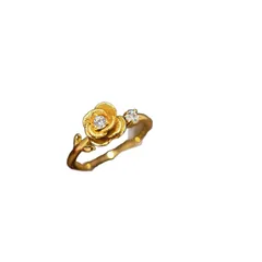 Rose Pattern Brushed Copper Ring For Women With Electroplated Gold Plating And Rhinestone Inlay 5