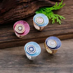 Rose Red Flowers Ring For Women In Zinc Alloy With Golden Plated Finish Featuring Enamel And Imitation Pearl Inlay