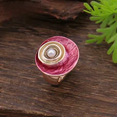 Rose Red Flowers Ring For Women In Zinc Alloy With Golden Plated Finish Featuring Enamel And Imitation Pearl Inlay 3