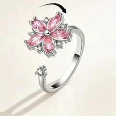 Rotatable Flowers Ring For Women In Electroplated Copper With Zircon Inlay, Anxiety Jewelry