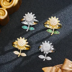 Rotatable Sunflower Fidget Ring For Women In Titanium Steel With 18K Real Gold Plated And Zircon Inlay Featuring PVD Coating