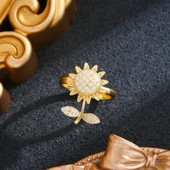 Rotatable Sunflower Fidget Ring For Women In Titanium Steel With 18K Real Gold Plated And Zircon Inlay Featuring PVD Coating 3
