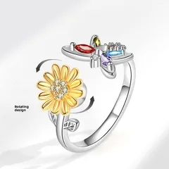 Rotatable Sunflower Fidget Ring For Women In Copper With Zircon Inlay, Anxiety Jewelry