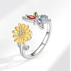 Rotatable Sunflower Fidget Ring For Women In Copper With Zircon Inlay, Anxiety Jewelry 2